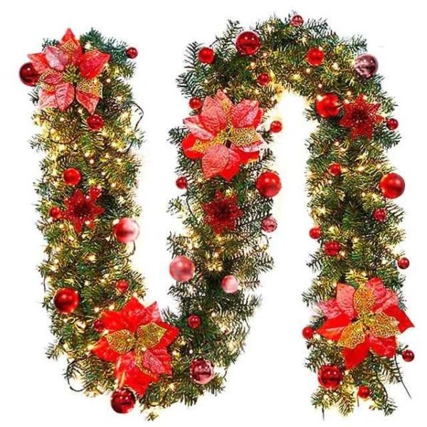 2.7M Christmas Garland with LED Lights Luxury Rattan Wreath Fireplace Stair Decoration