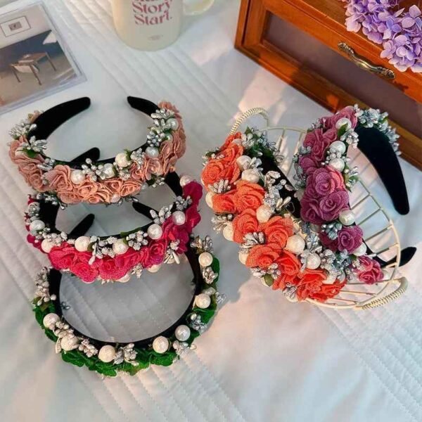 Baroque Pearl Rose Headband Luxury Fabric Flower Hair Band Wedding Party Accessory