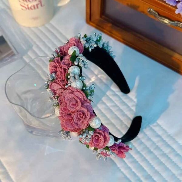 Baroque Pearl Rose Headband Luxury Fabric Flower Hair Band Wedding Party Accessory