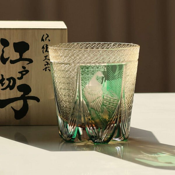 Edo Kiriko Handcrafted Peacock Motif Whisky Glass