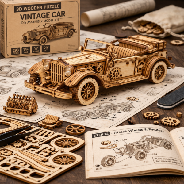 3D Wooden Vintage Car Puzzle – DIY Assembly Model Kit