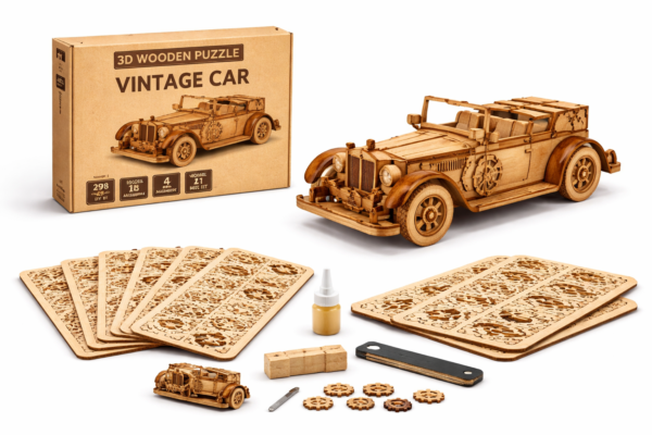 3D Wooden Vintage Car Puzzle – DIY Assembly Model Kit