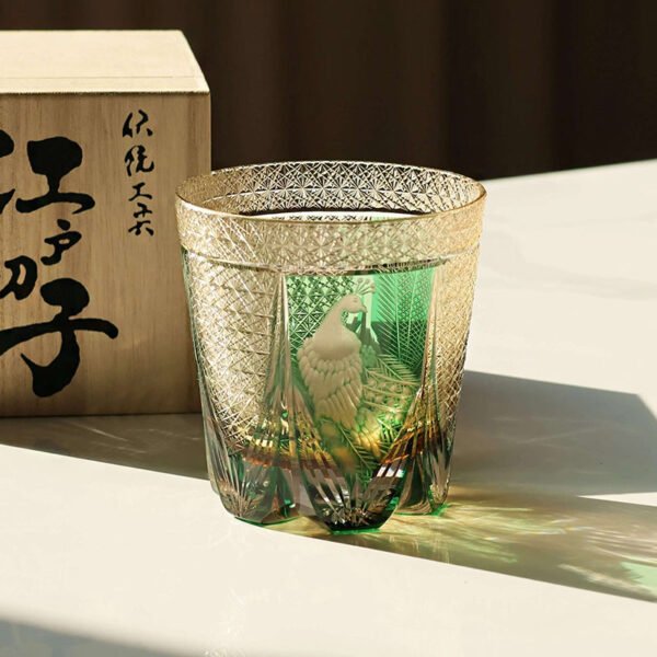 Edo Kiriko Handcrafted Peacock Motif Whisky Glass
